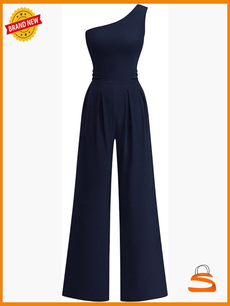 One Shoulder Wide Leg Jumpsuit With Pockets Formal Romper Summer Outfit